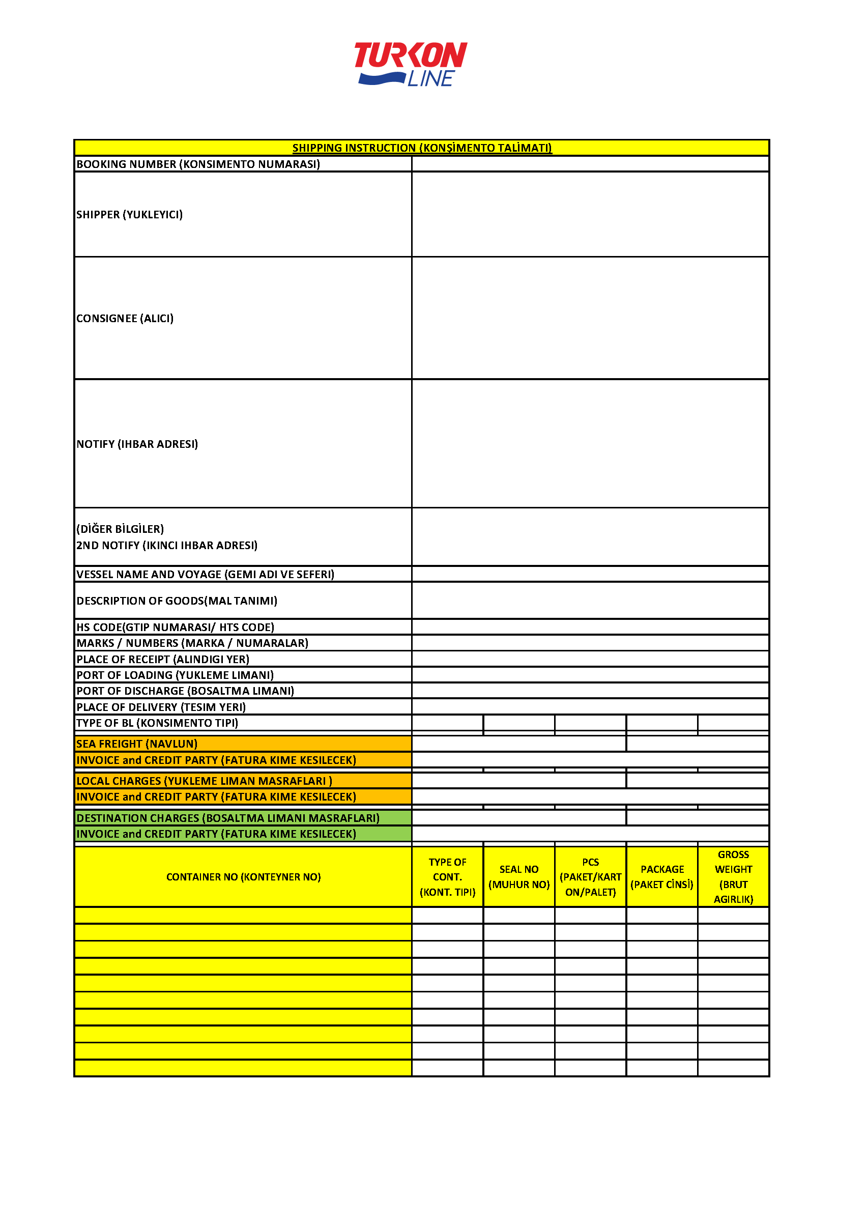 Empty Container Delivery Instruction Form